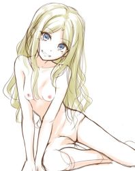 Rule 34 | 1girl, blonde hair, blue eyes, breasts, dot nose, female focus, frenda seivelun, grin, head tilt, k3rd, leaning to the side, long hair, looking at viewer, nipples, nude, original, parted bangs, simple background, sitting, sketch, small breasts, smile, solo, toaru majutsu no index, v arms, white background, yokozuwari