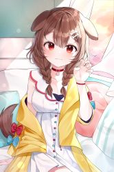 Rule 34 | 1girl, absurdres, animal collar, animal ears, bad id, bad pixiv id, blush, bone hair ornament, braid, breasts, brown eyes, brown hair, cartoon bone, choker, claw pose, cleavage, closed mouth, collar, collarbone, commentary request, dog ears, dog girl, dog tail, dress, hair between eyes, hair ornament, hair over shoulder, hairclip, hand up, highres, hololive, inugami korone, inugami korone (1st costume), jacket, large breasts, long hair, long sleeves, looking at viewer, low twin braids, moka 01, off shoulder, open mouth, pillow, red eyes, short dress, sitting, smile, solo, striped pillow, tail, twin braids, virtual youtuber, white dress, yellow jacket