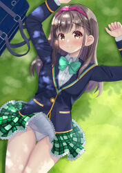 Rule 34 | 1girl, bag, breasts, brown eyes, brown hair, closed mouth, commentary request, fingernails, girlfriend (kari), grass, headband, highres, long hair, looking at viewer, nagino sakura, outstretched arms, panties, ribbon, school uniform, small breasts, smile, solo, spread arms, tana picture, underwear, uniform, white panties