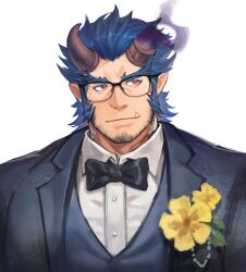 Rule 34 | 1boy, alternate costume, bara, beard stubble, bespectacled, black bow, black bowtie, black vest, blue hair, boutonniere, bow, bowtie, broken horn, closed mouth, dark blue hair, demon boy, demon horns, facial hair, fang, fiery horns, flower, formal, glasses, highres, horns, huge eyebrows, long sideburns, male focus, mature male, red eyes, scar, sdz (inazuma), shirt, sideburns, solo, stubble, suit, takemaru (housamo), thick eyebrows, tokyo houkago summoners, upper body, vest, waistcoat, white shirt