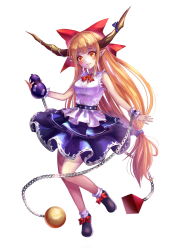 Rule 34 | 1girl, blue skirt, blush, bow, breasts, brown hair, chain, footwear bow, full body, gourd, hair bow, horn bow, horn ornament, horn ribbon, horns, ibuki suika, legs, looking at viewer, nell p, oni, pointy ears, ribbon, scrunchie, shoes, simple background, skirt, smile, socks, solo, teeth, thighs, torn clothes, torn sleeves, touhou, white background, white socks, wrist cuffs, yellow eyes