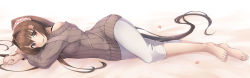 Rule 34 | 1girl, arm pillow, barefoot, black bra, blush, bra, bra strap, brown hair, cherry blossoms, flower, full body, grey sweater, hair flower, hair intakes, hair ornament, kantai collection, kochipu, long sleeves, looking at viewer, lying, navel, off shoulder, on side, pants, parted lips, ponytail, red eyes, ribbed sweater, solo, sweater, underwear, white pants, yamato (kancolle)