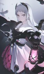 Rule 34 | 1girl, 2080167236, absurdres, ammunition belt, arknights, bird, black gloves, breasts, capelet, chinese commentary, closed mouth, commentary request, crow, gloves, grey eyes, head wings, highres, holding, holding lantern, irene (arknights), lantern, long hair, long sleeves, looking at viewer, rapier, scar, scar across eye, scar on face, skirt, small breasts, solo, sword, weapon, white capelet, white skirt, wings