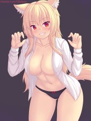 Rule 34 | animal ears, black background, black panties, blonde hair, bow, bow panties, breasts, cat ears, cat girl, cowboy shot, hands up, highres, large breasts, long hair, long sleeves, looking at viewer, navel, nottytiffy, open clothes, open shirt, original, panties, red eyes, shirt, simple background, slit pupils, smile, solo, thighs, ties, tiffy (nottytiffy), underwear, white shirt