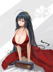 Rule 34 | 1girl, absurdres, artist name, azur lane, black hair, breasts, cleavage, collarbone, commentary request, dress, hair ornament, hands on floor, highres, large breasts, long hair, looking at viewer, official alternate costume, open mouth, radio, red dress, red eyes, simple background, sitting, solo, taihou (azur lane), taihou (forbidden feast) (azur lane), xiao huanggua