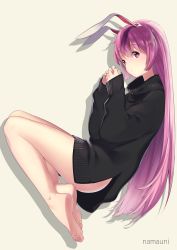 Rule 34 | 1girl, alternate costume, animal ears, artist name, barefoot, black sweater, bottomless, commentary request, contemporary, feet, highres, long hair, long sleeves, looking at viewer, namauni, no pants, purple hair, rabbit ears, red eyes, reisen udongein inaba, simple background, solo, sweater, thighs, touhou, very long hair, yellow background