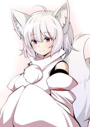 Rule 34 | 1girl, ahoge, animal ear fluff, animal ears, bare shoulders, blush, breasts, closed mouth, commentary request, detached sleeves, gradient background, hair between eyes, hands in opposite sleeves, highres, inubashiri momiji, large breasts, looking at viewer, no headwear, pink background, pom pom (clothes), purple eyes, short hair, simple background, sleeves past wrists, smile, solo, sunaguma, tail, touhou, turtleneck, upper body, white background, white hair, wide sleeves, wolf ears, wolf tail