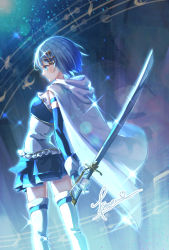 Rule 34 | 1girl, blue eyes, blue hair, blue skirt, cape, closed mouth, commentary request, elbow gloves, feet out of frame, fortissimo, from side, gloves, hair ornament, highres, holding, holding sword, holding weapon, ko (kono mi), magical girl, mahou shoujo madoka magica, mahou shoujo madoka magica (anime), miki sayaka, musical note, musical note hair ornament, short hair, signature, skirt, solo, sparkle, standing, sword, thighhighs, weapon, white cape, white gloves, white thighhighs, zettai ryouiki