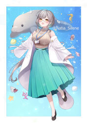 Rule 34 | 1girl, :d, animal request, bare shoulders, black footwear, blue skirt, blush, breasts, brown shirt, chitetan, commentary request, conch, copyright request, fish, full body, glasses, grey hair, highres, lab coat, large breasts, long hair, off shoulder, open clothes, open mouth, pleated skirt, ribbed shirt, seahorse, seashell, semi-rimless eyewear, shell, shirt, shoes, skirt, smile, solo, twitter username, under-rim eyewear, very long hair, virtual youtuber, water, yellow eyes