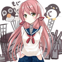 Rule 34 | 10s, 1girl, absurdres, akashi (kancolle), arms behind back, blush, check commentary, commentary request, failure penguin, green eyes, highres, kantai collection, long hair, looking at viewer, machinery, netarou, pink hair, school uniform, serafuku, sidelocks, skirt, solo