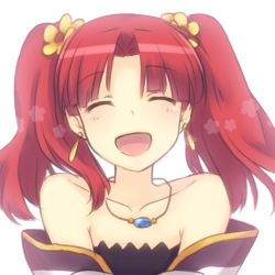 Rule 34 | 10s, 1girl, bad id, bad pixiv id, bare shoulders, closed eyes, collarbone, earrings, flower, fractale, hair flower, hair ornament, jewelry, lowres, megumu, necklace, nessa (fractale), open mouth, red hair, smile, solo, twintails, upper body
