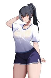 Rule 34 | 1girl, absurdres, alternate costume, arm up, black hair, blue shorts, blush, breasts, cero (last2stage), cleavage, closed mouth, collarbone, commentary, cowboy shot, english commentary, girls&#039; frontline, heterochromia, highres, large breasts, long hair, looking at viewer, multicolored hair, ponytail, red eyes, ro635 (girls&#039; frontline), see-through, shirt, short shorts, short sleeves, shorts, simple background, smile, solo, sports bra, streaked hair, thighs, white background, white hair, white shirt, yellow eyes, yellow sports bra