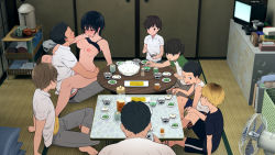 Rule 34 | 1girl, 6+boys, age difference, barefoot, black eyes, black hair, blush, bottomless, bowl, breasts, breasts out, brother and sister, chopsticks, clothed sex, clothes lift, cup, eating, electric fan, embarrassed, family, father and son, feet, food, from above, hair between eyes, highres, holding, holding chopsticks, incest, indoors, kemuri haku, legs, medium breasts, medium hair, multiple boys, nipples, no panties, open mouth, original, sex, shirt lift, siblings, sitting, straddling, table, tank top, tatami, thighs, toaru daikazoku no okazu jijou: mamagawari onee-chan funtouki, toes, trash can, upright straddle, vaginal