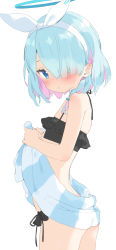 Rule 34 | 1girl, absurdres, arona (blue archive), ass, bare arms, bare shoulders, bikini, black bikini, blue archive, blue eyes, blue hair, blush, closed mouth, commentary request, frilled bikini, frills, hair over one eye, hair ribbon, hairband, halo, highres, kani biimu, looking at viewer, looking to the side, multicolored hair, pink hair, ribbon, simple background, solo, swimsuit, towel, two-tone hair, white background, white hairband, white ribbon