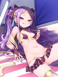Rule 34 | 1girl, bare arms, beach towel, bikini, bikini pull, bikini skirt, bow, breasts, cameltoe, cleft of venus, clothes pull, earrings, facial mark, fate/grand order, fate (series), forehead mark, gold trim, hair bow, half-closed eyes, hip vent, jewelry, licking lips, long hair, looking at viewer, matanonki, navel, pulling own clothes, purple bikini, purple bow, purple eyes, purple hair, reclining, sitting, small breasts, solo, stomach, sweat, swept bangs, swimsuit, tongue, tongue out, towel, wavy hair, wu zetian (fate), wu zetian (seaside luxury) (fate)
