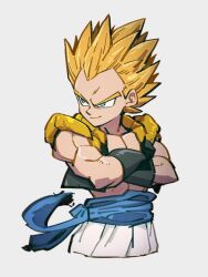 Rule 34 | 1boy, blonde hair, closed mouth, crossed arms, dragon ball, dragonball z, gotenks, green eyes, grey background, kemachiku, looking to the side, male focus, metamoran vest, muscular, muscular male, short hair, simple background, smile, solo, super saiyan