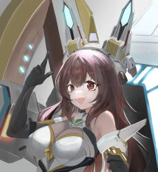 Rule 34 | 1041287866, 1girl, absurdres, animal ears, artery gear, artery gear: fusion, bare shoulders, black gloves, bodysuit, breasts, brown eyes, brown hair, character request, elbow gloves, fake animal ears, gloves, hair between eyes, headgear, highres, jiang long bao, large breasts, long hair, open mouth, rigging, see-through, sidelocks