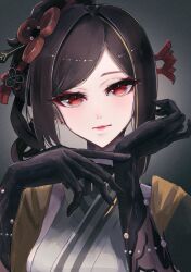 Rule 34 | 1girl, black gloves, black hair, chiori (genshin impact), commentary, eyeshadow, genshin impact, gloves, grey kimono, highres, japanese clothes, kimono, looking at viewer, makeup, medium hair, pink lips, red eyes, sanshoku dango (ahxf3842), side ponytail, solo, upper body