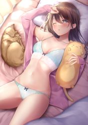 Rule 34 | 1girl, ;o, amagi shino, animal, arm up, bare shoulders, bed sheet, blue bra, blue panties, blush, bra, breasts, brown cat, brown hair, cat, cleavage, commentary request, from above, green eyes, highres, long hair, long sleeves, lying, navel, off shoulder, on back, one eye closed, open clothes, open shirt, original, panties, parted lips, pillow, pink shirt, shirt, signature, sleeves past wrists, small breasts, stomach, stuffed animal, stuffed cat, stuffed toy, thighs, unbuttoned, unbuttoned shirt, underwear