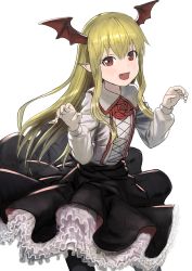 Rule 34 | 10s, 1girl, bat wings, black skirt, blonde hair, collared shirt, commentary request, dot nose, fang, flat chest, flower, frilled skirt, frills, granblue fantasy, hair between eyes, head wings, highres, long hair, looking at viewer, open mouth, pantyhose, pointy ears, red eyes, red flower, red rose, rose, shirt, simple background, skirt, smile, solo, vampy, wasabi60, white background, white shirt, wings