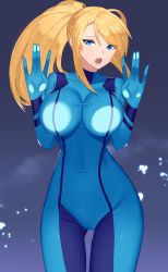 Rule 34 | 1girl, absurdres, against glass, blonde hair, blue eyes, bodysuit, breasts, cameltoe, covered navel, highres, large breasts, long hair, looking at viewer, metroid, navel, nintendo, open mouth, ponytail, samus aran, skin tight, solo, squirrelhollow, standing, zero suit