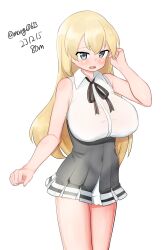 Rule 34 | 1girl, absurdres, alternate costume, arm up, bare shoulders, bismarck (kancolle), black ribbon, black skirt, blonde hair, blush, breasts, collared shirt, commentary request, dated, feet out of frame, grey eyes, hair between eyes, highres, kantai collection, large breasts, long hair, looking at viewer, maru (marg0613), one-hour drawing challenge, open mouth, ribbon, shirt, simple background, skirt, sleeveless, sleeveless shirt, solo, twitter username, white background
