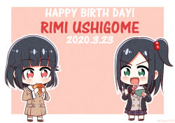 Rule 34 | 2girls, :d, bang dream!, black hair, black jacket, blazer, blush, bowl, brown dress, brown footwear, buttons, character name, chibi, chocolate cornet, chopsticks, collared shirt, commentary request, dated, double-breasted, dress, dual persona, eating, food, full body, green eyes, hair bobbles, hair flaps, hair ornament, hanasakigawa school uniform, happy birthday, holding, holding bowl, holding chopsticks, holding food, jacket, long sleeves, looking at another, looking down, multiple girls, neck ribbon, one side up, open mouth, outline, pakudehon, parted bangs, pink background, plaid, plaid skirt, prototype design, purple skirt, red eyes, ribbon, rice bowl, sailor collar, sailor dress, school uniform, shirt, shoes, short hair, sidelocks, skirt, smile, socks, striped ribbon, twitter username, ushigome rimi, v-shaped eyebrows, white legwear, white sailor collar