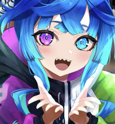 Rule 34 | @ @, ahoge, animal ears, blue eyes, blue hair, bow, commentary request, crossed bangs, drawstring, hair bow, hands up, heterochromia, highres, hood, hoodie, horse ears, horse girl, long hair, long sleeves, looking at viewer, multicolored clothes, multicolored hair, multicolored hoodie, open mouth, portrait, sharp teeth, sidelocks, solo, striped, striped bow, tail, teeth, toa510, twin turbo (umamusume), twintails, umamusume, upper teeth only