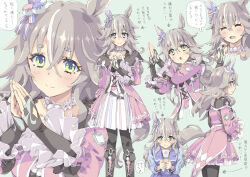 Rule 34 | blue eyes, boots, cellphone, commentary request, grey hair, hair between eyes, hair ornament, homing (areya), horse girl, long hair, looking at viewer, open mouth, own hands clasped, own hands together, pantyhose, phone, school uniform, thick eyebrows, tracen school uniform, translation request, umamusume, wonder acute (umamusume)