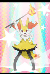 Rule 34 | 1girl, animal ears, animal hands, arm up, braixen, creatures (company), fangs, female focus, fire, fox ears, fox tail, full body, furry, furry female, game freak, gen 6 pokemon, hand up, hatenakayubi, highres, holding, legs apart, letterboxed, looking at viewer, nintendo, open mouth, outstretched arm, pigeon-toed, pokemon, pokemon (creature), rainbow background, red eyes, smile, solo, standing, star (symbol), stick, tail