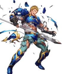 Rule 34 | 1boy, abs, belt, blonde hair, blue eyes, boots, dai-xt, fire emblem, fire emblem: path of radiance, fire emblem heroes, full body, gatrie (fire emblem), gloves, highres, injury, male focus, nintendo, official art, one eye closed, open mouth, scar, solo, teeth, torn clothes, transparent background