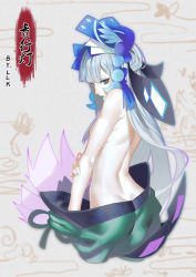 Rule 34 | 1girl, aoandon, aqua eyes, aqua lips, ass, back, blue eyes, blurry, blurry background, breasts, butt crack, closed mouth, cropped legs, eyelashes, fingernails, from behind, hair ornament, hand on own arm, highres, holding own arm, japanese clothes, kimono, l.k, long hair, looking at viewer, medium breasts, onmyoji, pale skin, ribs, solo, tassel, topless, very long hair, white hair