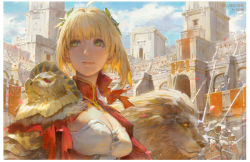 Rule 34 | 10s, 1girl, animal, armor, blonde hair, breasts, cleavage, cleavage cutout, closed mouth, clothing cutout, collar, copyright name, crowd, day, fate/extra, fate/grand order, fate (series), fur trim, green eyes, hair ribbon, krenz, lion, medium breasts, nero claudius (fate), nero claudius (fate), nero claudius (fate/extra), outdoors, ribbon, short hair, shoulder armor, solo, sunlight