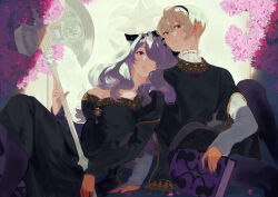 Rule 34 | 1boy, 1girl, ahoge, ai-wa, axe, battle axe, book, breasts, brother and sister, camilla (fire emblem), cleavage cutout, clothing cutout, commentary, double-parted bangs, dress, english commentary, fire emblem, fire emblem fates, flower, hair between eyes, hair over one eye, half-siblings, holding, holding axe, holding book, large breasts, leo (fire emblem), long hair, looking at viewer, lying, lying on person, nintendo, purple eyes, purple hair, short hair, siblings, weapon