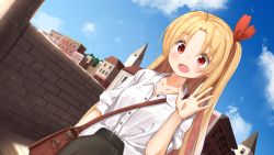 Rule 34 | 1girl, :d, ame., azur lane, bag, black skirt, blonde hair, blue sky, blush, brick wall, building, cleveland (azur lane), cloud, collarbone, collared shirt, commentary request, day, dress shirt, dutch angle, hair between eyes, hand up, handbag, long hair, looking at viewer, one side up, open mouth, outdoors, parted bangs, red eyes, shirt, shoulder bag, skirt, sky, smile, solo, very long hair, white shirt