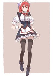 Rule 34 | 1girl, alternate costume, apron, black footwear, black thighhighs, border, bow, bowtie, breasts, brown background, buttons, closed mouth, duplicate, frills, full body, hair between eyes, hand on own hip, high collar, large breasts, looking at viewer, maid, maid headdress, poronegi, puffy short sleeves, puffy sleeves, red bow, red bowtie, red eyes, red hair, red ribbon, ribbon, ribbon-trimmed bow, sekibanki, short hair, short sleeves, simple background, solo, standing, sweat, thighhighs, touhou, waist apron, white apron, white border, white headdress, wrist cuffs