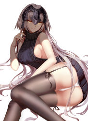 Rule 34 | 1girl, alternate costume, aran sweater, ass, backless dress, backless outfit, bare shoulders, bed sheet, black dress, black sweater, black thighhighs, breasts, brown thighhighs, cable knit, d. (ddot2018), dress, fate/grand order, fate (series), fingernails, from side, garter straps, hair down, hair ribbon, halterneck, hand up, headpiece, jeanne d&#039;arc (fate), jeanne d&#039;arc alter (avenger) (fate), jeanne d&#039;arc alter (fate), large breasts, light particles, long hair, looking at viewer, lying, medium breasts, meme attire, no bra, on side, panties, pantyshot, ribbed sweater, ribbon, sideboob, silver hair, simple background, sleeveless, sleeveless turtleneck, smile, solo, sweater, sweater dress, thighhighs, tress ribbon, turtleneck, turtleneck sweater, underwear, very long hair, virgin killer sweater, white background, white panties, yellow eyes