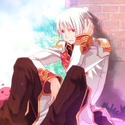 Rule 34 | 1boy, :3, black coat, brick wall, brown eyes, brown pants, closed mouth, coat, commentary, dated commentary, eyes visible through hair, feet out of frame, frown, hair between eyes, high priest (ragnarok online), layered clothes, long sleeves, looking at viewer, male focus, multicolored coat, pants, poring, ragnarok online, red coat, sakakura (sariri), short hair, sitting, slime (creature), solo focus, two-tone coat, white coat, white hair