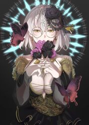 Rule 34 | 1girl, ahoge, armor, armored dress, bespectacled, black flower, black rose, blush, breasts, cleavage, fate/grand order, fate (series), flower, glasses, halo, halo behind head, highres, jeanne d&#039;arc alter (avenger) (fate), jeanne d&#039;arc alter (fate), large breasts, looking at viewer, pink flower, pink rose, ri o ne su, rose, short hair, solo, white hair, yellow eyes