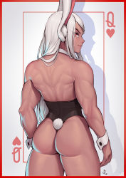 Rule 34 | 1girl, absurdres, animal ears, ass, black leotard, boku no hero academia, border, card, closed mouth, cowboy shot, dark-skinned female, dark skin, from behind, highleg, highleg leotard, highres, leotard, long hair, looking at viewer, mirko, muscular, muscular female, playing card, profile, rabbit ears, rabbit tail, red border, red eyes, sideways glance, signature, smile, solo, speedl00ver, standing, tail, white hair, wrist cuffs