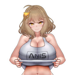Rule 34 | 1girl, ahoge, anis (nikke), blush, breasts, brown eyes, brown hair, clothes lift, clothes writing, goddess of victory: nikke, grey shirt, hair between eyes, hair ornament, highres, kuronekozero, large breasts, looking at viewer, shirt, short hair, simple background, smile, solo, t-shirt, upper body, white background