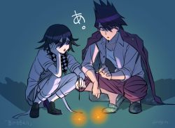 Rule 34 | 2boys, artist name, black footwear, black hair, checkered clothes, checkered scarf, collarbone, commentary request, danganronpa (series), danganronpa v3: killing harmony, fireworks, grey shirt, hair between eyes, hand on own cheek, hand on own face, holding, jacket, jacket on shoulders, long sleeves, looking down, male focus, momota kaito, multiple boys, nagi to (kennkenn), open mouth, oma kokichi, pants, pink jacket, pink pants, purple eyes, scarf, shirt, shoes, short sleeves, space print, sparkler, spiked hair, squatting, starry sky print, translation request, twitter username, white pants, white shirt
