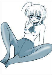 Rule 34 | 00s, 1boy, 1girl, artoria pendragon (all), artoria pendragon (fate), censored, fate/stay night, fate (series), feet, footjob, footjob with legwear, happy, monochrome, mosaic censoring, nipples, pantyhose, penis, saber (fate), servant (fate), solo, toes, tongue, tongue out, topless, white background