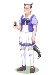 Rule 34 | 1boy, absurdres, animal ears, arm at side, bishoujo rikishi, blouse, boss coffee, brown footwear, can, canned coffee, closed mouth, drink can, earmuffs, fake animal ears, fake tail, frown, full body, grey hair, hairband, hand up, highres, holding, holding can, horse ears, horse girl, horse tail, old, old man, puffy short sleeves, puffy sleeves, purple shirt, real life, school uniform, shirt, shoes, short hair, short sleeves, skirt, solo, standing, suntory, tail, thick eyebrows, thighhighs, tommy lee jones, tracen school uniform, umamusume, white skirt, white thighhighs, wrinkled skin