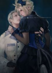 Rule 34 | 2boys, alternate costume, black gloves, black neckwear, blonde hair, blue eyes, bow, braid, brilcrist, cloud strife, collar, corset, crossdressing, earrings, final fantasy, final fantasy vii, final fantasy vii remake, fingerless gloves, formal, frills, gloves, hair ornament, hand on another&#039;s back, jewelry, looking at another, looking down, male focus, multiple boys, necktie, nostrils, official alternate costume, rufus shinra, shiny skin, short hair, simple background, spiked hair, square enix, suit, twitter username, wall market, watermark, web address, white suit, wing collar, yaoi