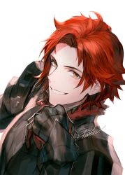 Rule 34 | 1boy, armor, black armor, breastplate, brown eyes, danhu, fire emblem, fire emblem: three houses, fur trim, gauntlets, grin, hand up, looking at viewer, male focus, nintendo, pauldrons, red hair, short hair, shoulder armor, signature, simple background, smile, solo, sylvain jose gautier, upper body, white background