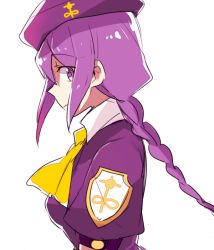 Rule 34 | 00s, 1girl, 6 (yuchae), ascot, asymmetrical hair, beret, blouse, braid, breasts, collared shirt, from side, hat, looking at viewer, melty blood, profile, purple eyes, purple hair, shirt, simple background, single braid, sion eltnam atlasia, solo, tsukihime