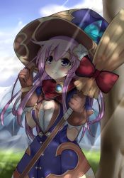 Rule 34 | 1girl, blush, breasts, broom, cleavage, closed mouth, cloud, cloudy sky, cowboy shot, dress, four goddesses online: cyber dimension neptune, gloves, hair ornament, hat, long hair, looking at viewer, medium breasts, nature, nepgear, neptune (series), outdoors, pink hair, purple eyes, ribbon, sky, smile, solo, warabi mochi (ehimedaisuki), witch, witch hat