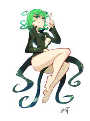 Rule 34 | 1girl, absurdres, artist name, ass, bare legs, barefoot, black dress, breasts, cleavage, curly hair, curvy, dress, floating, full body, gerph, green eyes, green hair, highres, looking at viewer, one-punch man, shiny skin, short hair, smile, solo, tatsumaki, thighs, toes