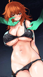 Rule 34 | 1boy, 1girl, :o, absurdres, arms at sides, asclepius (fate), black background, black bra, black panties, blush, bra, breasts, brown eyes, brown hair, cowboy shot, fate/grand order, fate (series), fujimaru ritsuka (female), gloves, gradient background, green gloves, highres, large breasts, legs together, medium hair, navel, open mouth, panties, panty pull, ruri rarako, shiny skin, simple background, solo focus, sweat, thighs, underwear